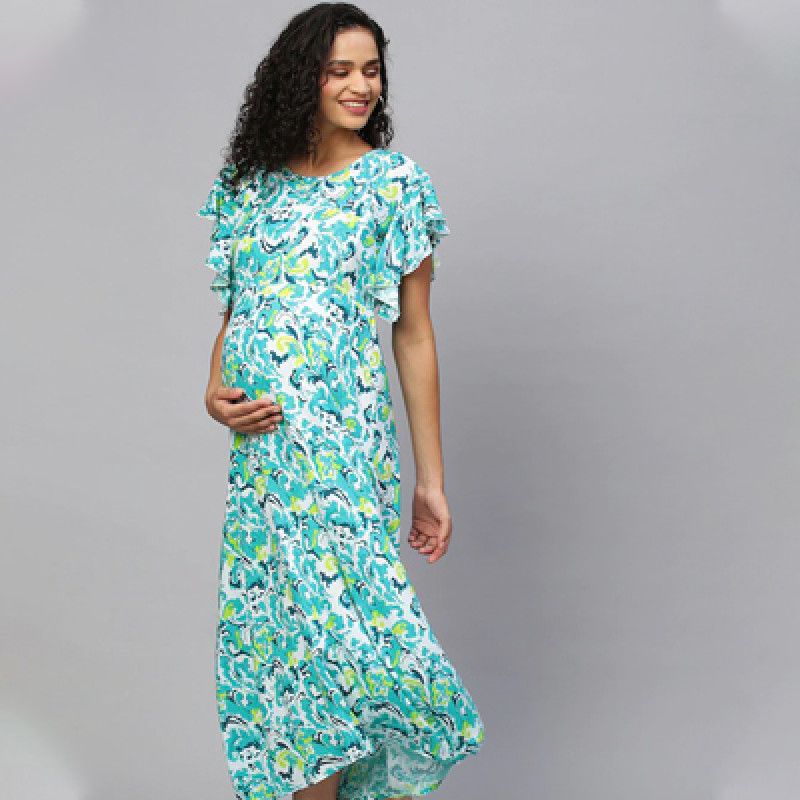 Green & White Ethnic Motifs Maternity Maxi Dress