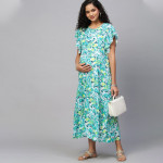 Green & White Ethnic Motifs Maternity Maxi Dress