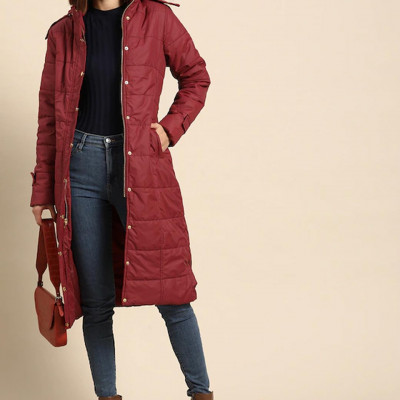 Women Maroon Longline Hooded Jacket with Belt