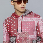 Men Red & Pink Printed Pure Cotton Hooded Sweatshirt