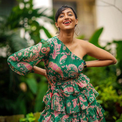 Green & Pink Floral One Shoulder Dress