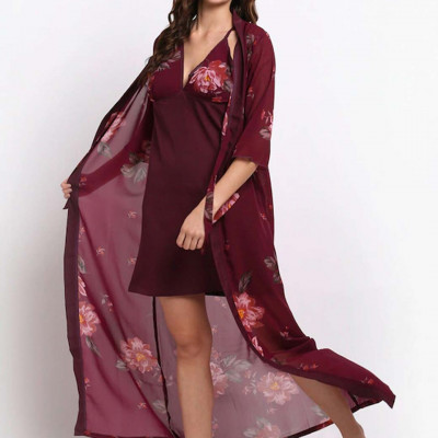 Burgundy & Pink Floral Printed Nightdress