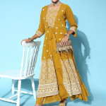 Women Bright Mustard Yellow Georgette Embroidery Party Wear Gown