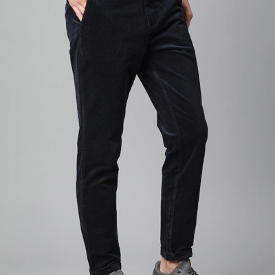 Men Navy Blue Mid Rise Trousers