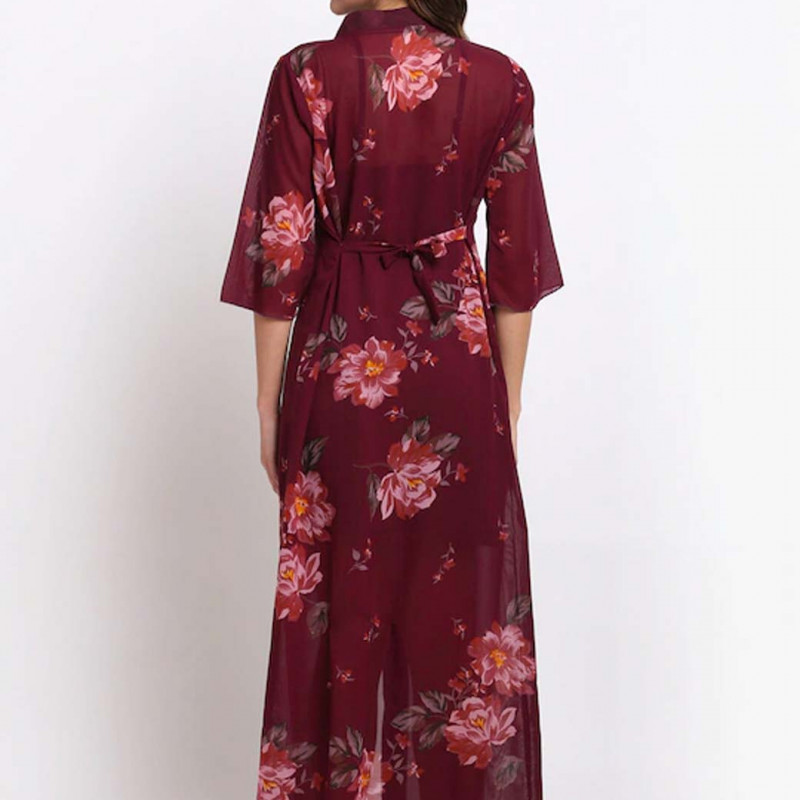 Burgundy & Pink Floral Printed Nightdress