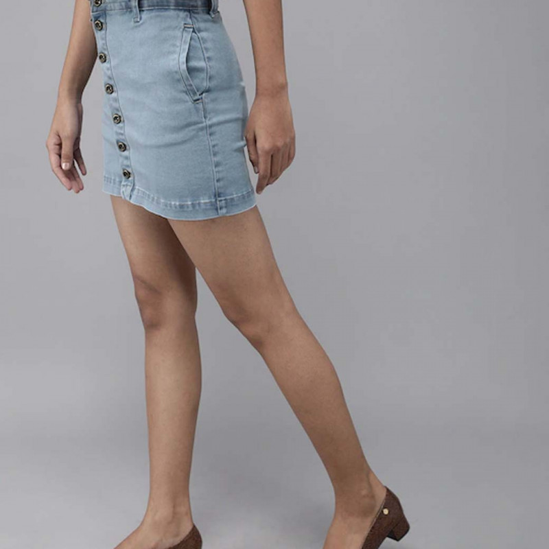 Blue Washed Denim Straight Mini Skirt