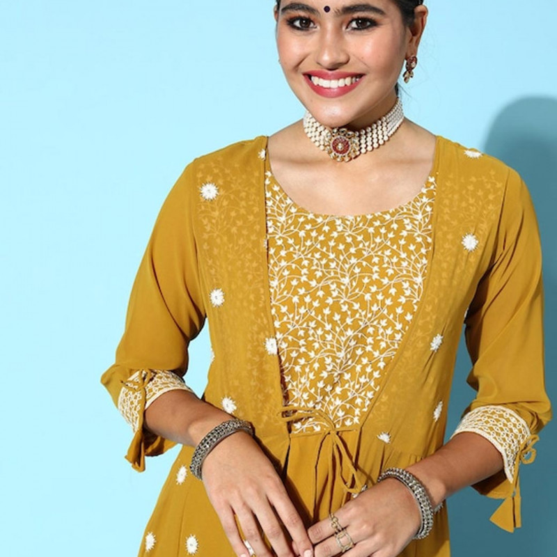 Women Bright Mustard Yellow Georgette Embroidery Party Wear Gown