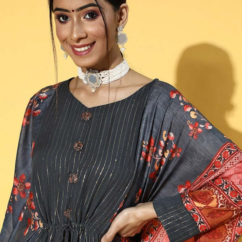 Women Charcoal Muslin Striped & Printed Dress