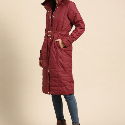Women Maroon Longline Hooded Jacket with Belt