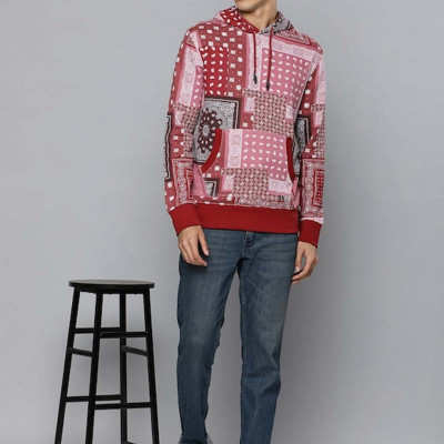 Men Red & Pink Printed Pure Cotton Hooded Sweatshirt