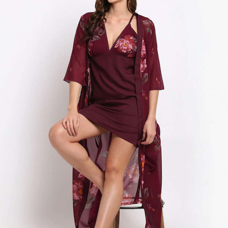 Burgundy & Pink Floral Printed Nightdress