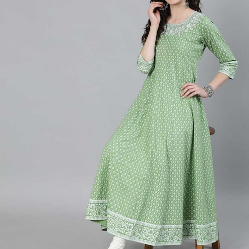Women Green and White Ethnic Motifs Printed Anarkali Kurta
