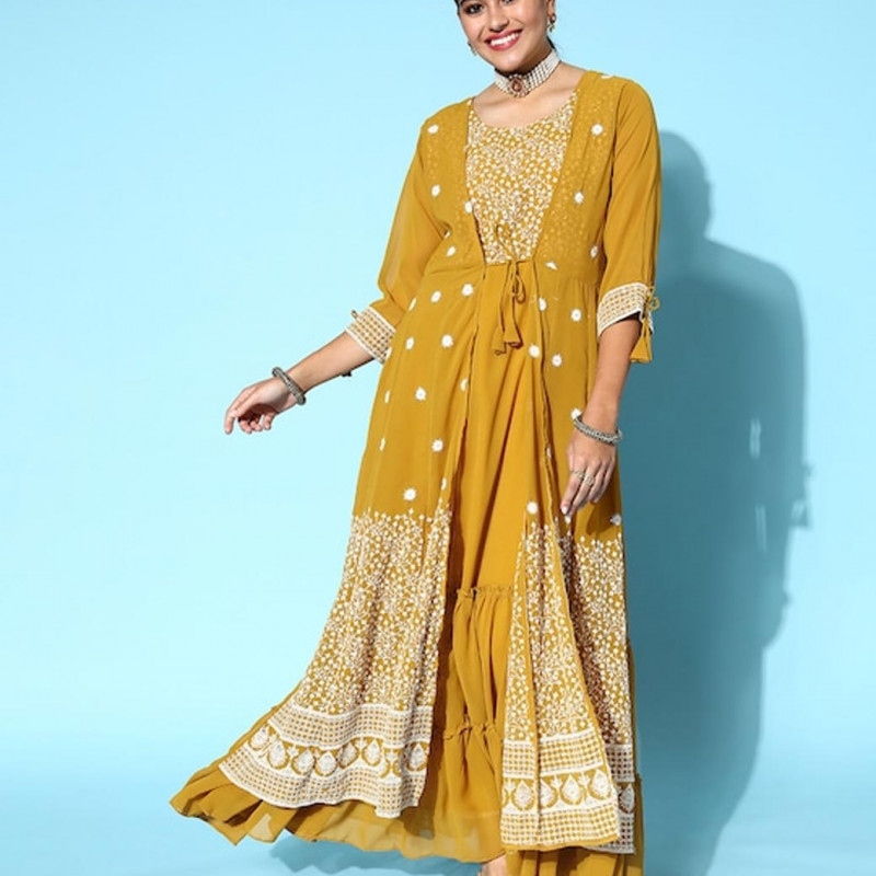 Women Bright Mustard Yellow Georgette Embroidery Party Wear Gown