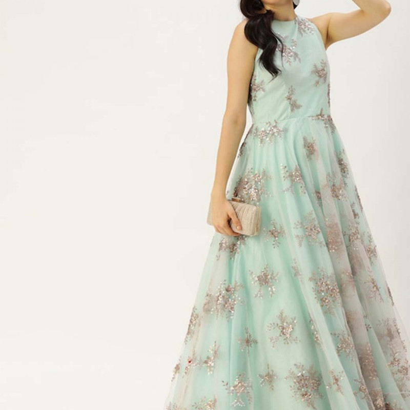 Green & Golden Sequinned Net Maxi Gown