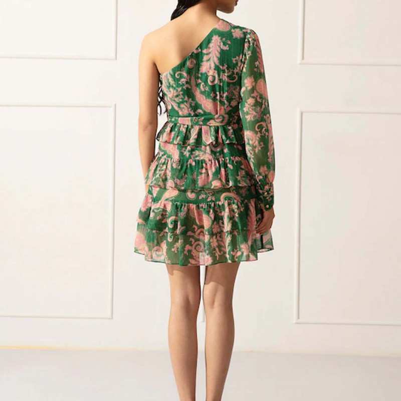 Green & Pink Floral One Shoulder Dress