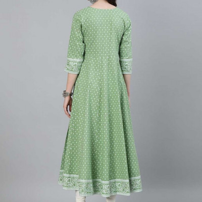 Women Green and White Ethnic Motifs Printed Anarkali Kurta