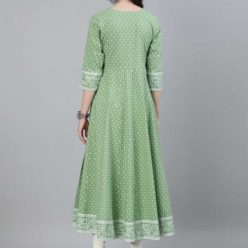 Women Green and White Ethnic Motifs Printed Anarkali Kurta