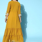 Women Bright Mustard Yellow Georgette Embroidery Party Wear Gown
