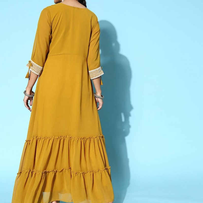 Women Bright Mustard Yellow Georgette Embroidery Party Wear Gown