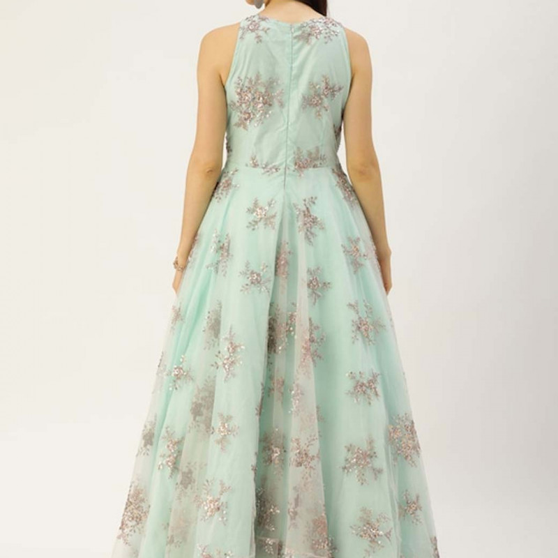 Green & Golden Sequinned Net Maxi Gown